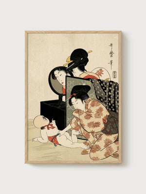 Geisha Mirror Woodblock Print poster in oak frame