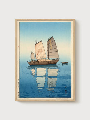 Kanagawa Sailboat Print poster in oak frame