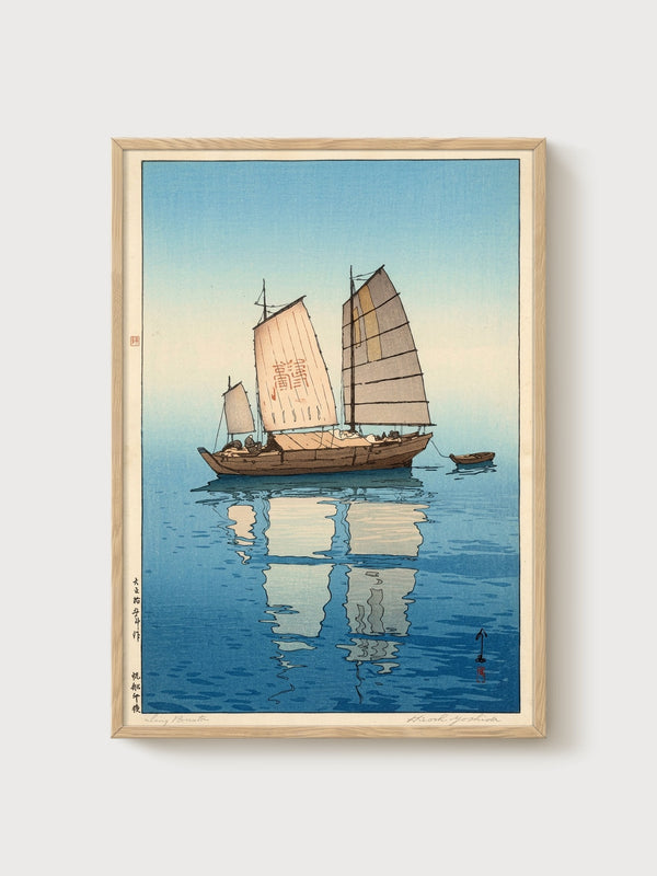 Kanagawa Sailboat Print poster in oak frame