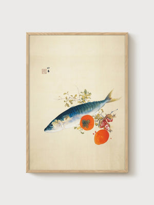Japanese Fish Art Print poster in oak frame