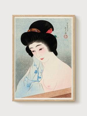 Japanese Geisha Woodblock Print poster in oak frame