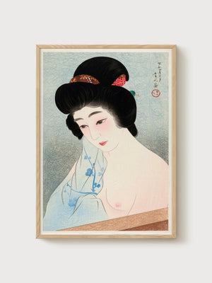 Japanese Geisha Woodblock Print poster in oak frame