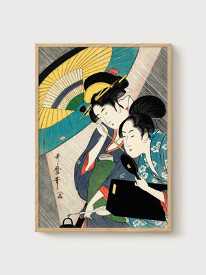 Geisha Ukiyo E Wall Art poster in oak frame