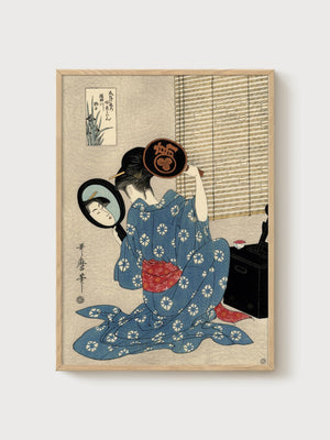 Geisha Mirror Woodblock Print poster in oak frame