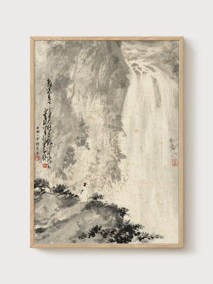 Ink Wash Waterfall Painting poster in oak frame