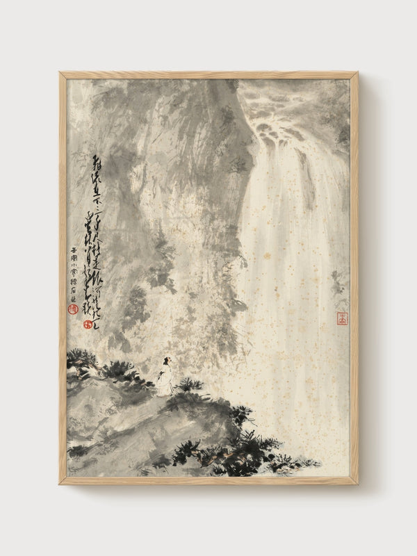 Ink Wash Waterfall Painting poster in oak frame