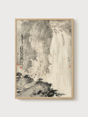 Ink Wash Waterfall Painting poster in oak frame