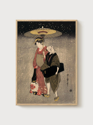 Geisha in Snow Ukiyo E Wall Art poster in oak frame