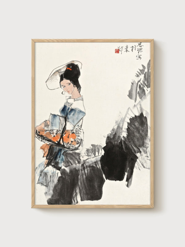 Woman with Horse Ink Wash Painting poster in oak frame