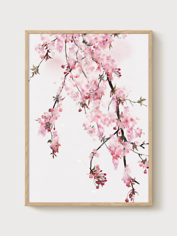 Cherry Blossom Watercolor Art Print poster in oak frame
