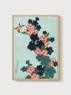 Ito Jakuchu Hibiscus Bird Print poster in oak frame