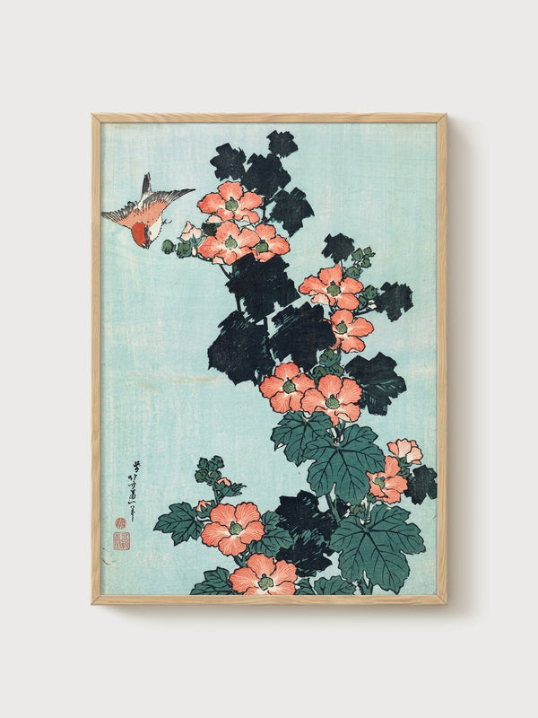 Ito Jakuchu Hibiscus Bird Print poster in oak frame