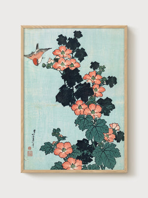 Ito Jakuchu Hibiscus Bird Print poster in oak frame