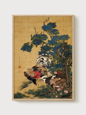 Rooster and Hen Japanese Art poster in oak frame