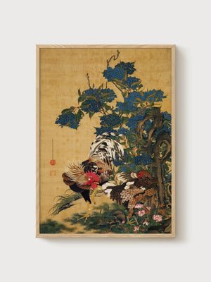 Rooster and Hen Japanese Art poster in oak frame