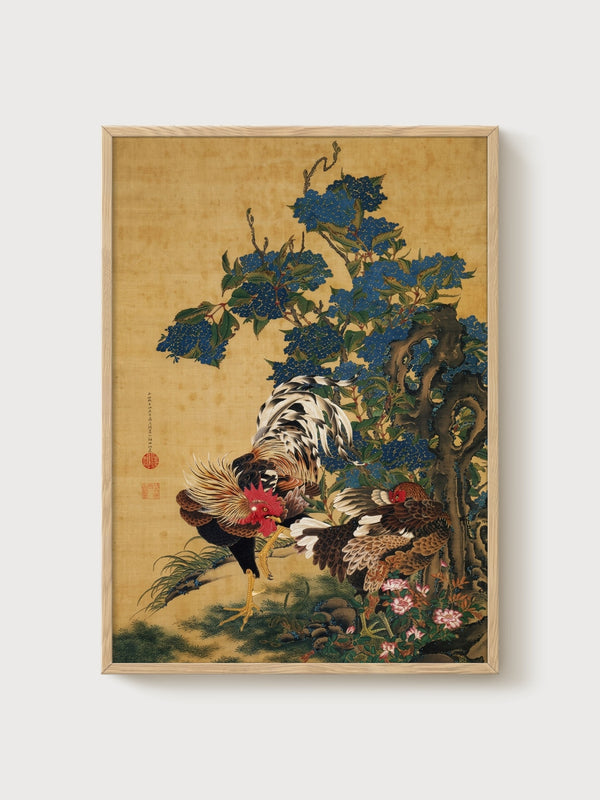 Rooster and Hen Japanese Art poster in oak frame