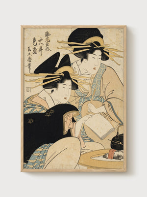 Geisha Ukiyo-e Print poster in oak frame