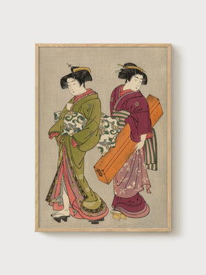 Geisha Ukiyo-e Wall Art poster in oak frame