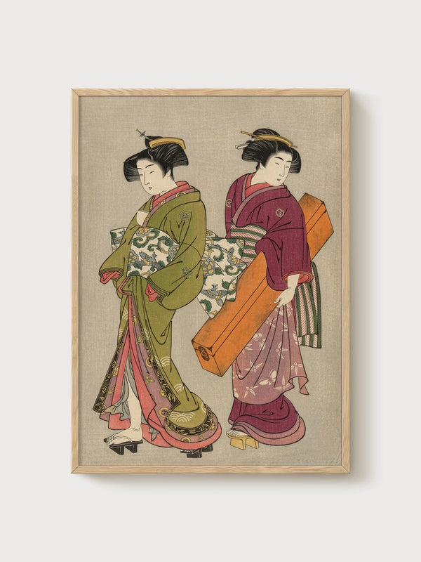 Geisha Ukiyo-e Wall Art poster in oak frame