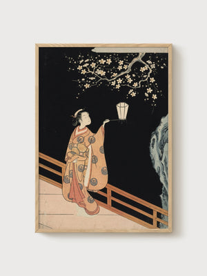 Cherry Blossom Ukiyo E Wall Art poster in oak frame