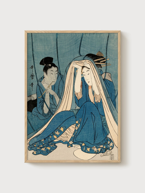 Geisha Ukiyo-e Print poster in oak frame
