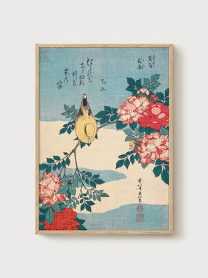 Japanese Woodblock Bird Print poster in oak frame