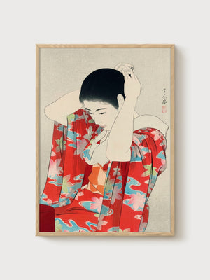 Japanese Geisha Kimono Print poster in oak frame