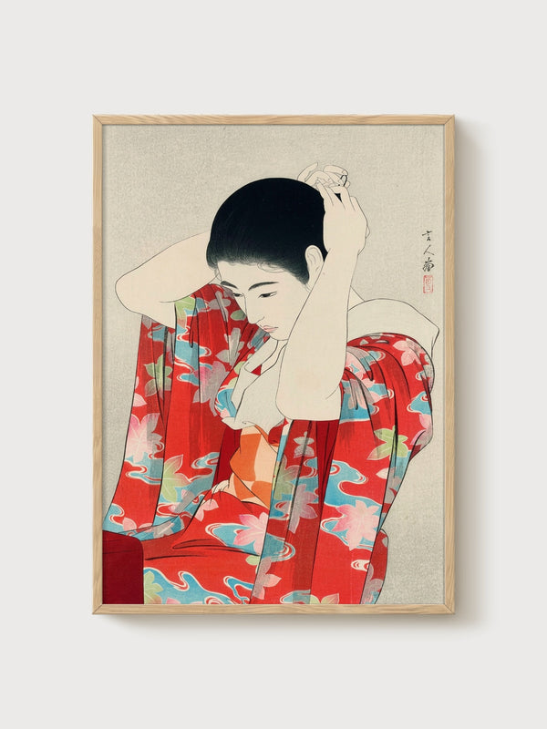 Japanese Geisha Kimono Print poster in oak frame