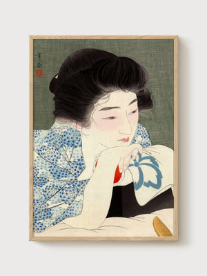 Geisha Portrait Woodblock Print poster in oak frame