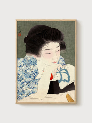 Geisha Portrait Woodblock Print poster in oak frame