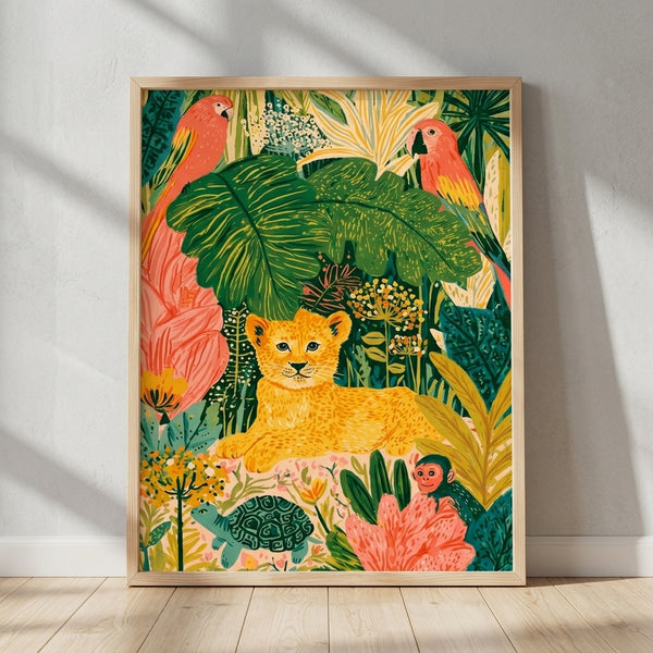Whimsical boho poster featuring a playful lion cub surrounded by a colorful tropical menagerie including a parrot, monkey, and turtle nestled among lush green foliage and coral flowers in warm golden and teal tones.