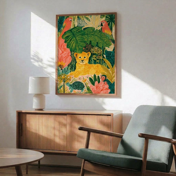 Joyful tropical wall art depicting a curious lion cub interacting with a monkey, parrot, and turtle in a dense, whimsical garden of flowering plants and verdant leaves in boho aesthetics.