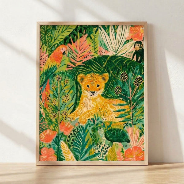 Whimsical boho jungle poster featuring a playful lion cub surrounded by a parrot, monkey, and turtle amid lush tropical foliage in warm coral, sage green, and golden yellow tones.
