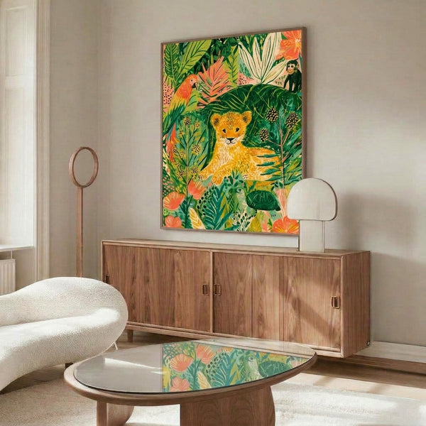 Boho nature wall art showcasing a gentle lion cub interacting with tropical animals and blooming flora in a cozy palette of cream, forest green, and coral tones.