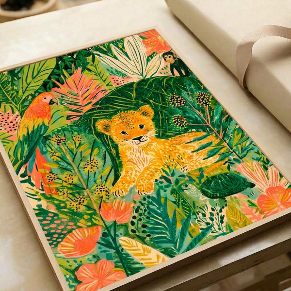 Whimsical jungle-themed poster with a curious lion cub, parrot, monkey, and turtle nestled in leafy foliage, rendered in warm boho colors perfect for adventurous home decor.