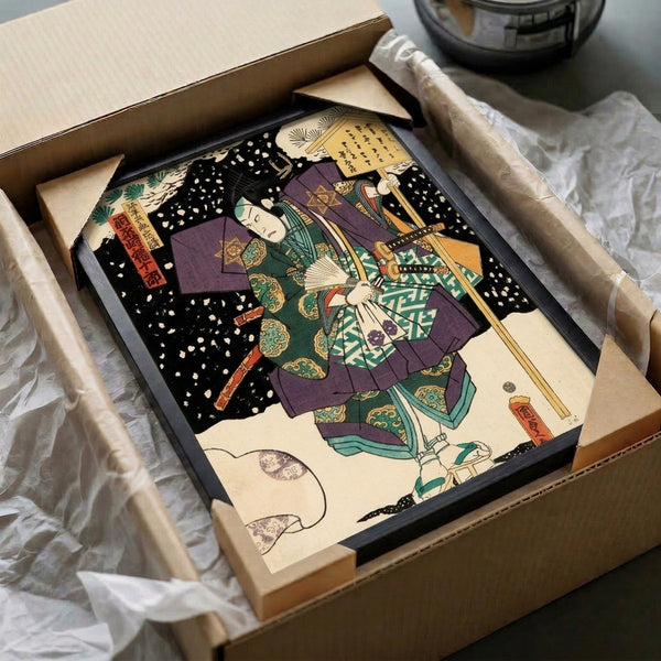 Dramatic framed Japanese woodblock art depicting Kawarazaki Gonjuro, a kabuki warrior amid snow in jewel-toned purples, teals, and greens, armed with traditional sword and fan.