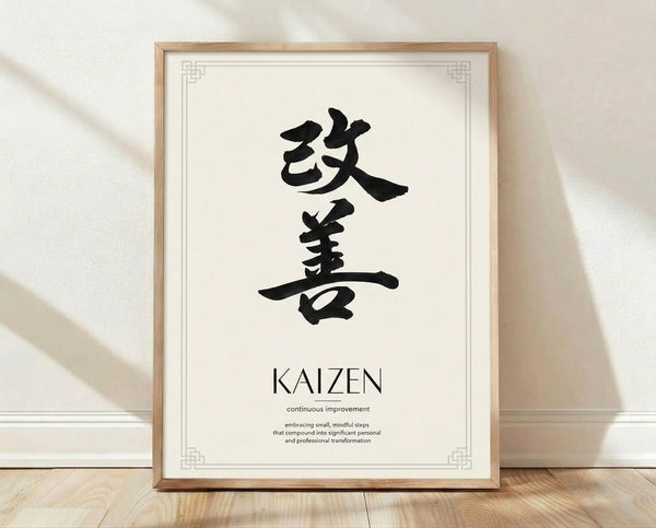 Minimalist framed poster featuring black Japanese kanji calligraphy for kaizen on cream background, embodying serene and motivational zen aesthetics.
