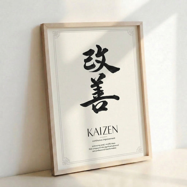 Framed art print of traditional Japanese kaizen calligraphy in black ink on neutral cream, evoking wabi sabi simplicity and contemplative mood.