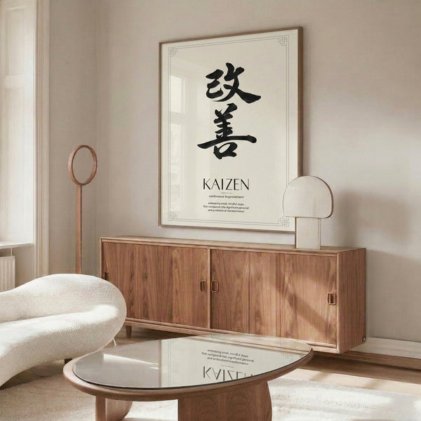 Motivational wall art featuring traditional kaizen kanji in black brush strokes against cream, blending minimalist and wabi sabi principles.