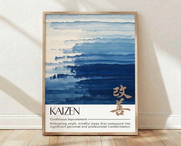 Minimalist Japandi landscape poster in layered blues and cream, featuring misty mountains and forest silhouettes in a meditative, modern art style.