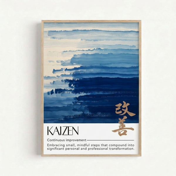 Framed contemporary wall art with serene layered mountain landscape in slate blue, navy, and gold tones on cream background.