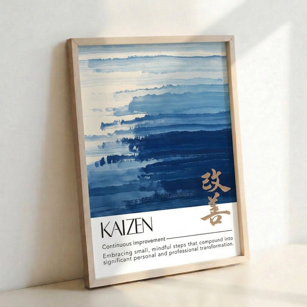Modern minimalist poster depicting calm forest and mountain scenery in soft blues with gold accents, evoking wabi-sabi aesthetic.