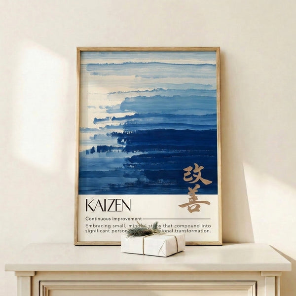 Contemplative landscape art print with layered misty mountains in navy and light blue, minimalist Japandi design on cream.