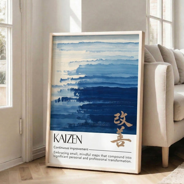 Calming meditative poster featuring abstract mountain and forest layers in cool blues and gold, modern minimalist style.