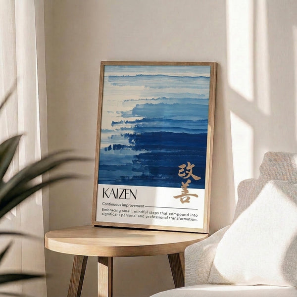 Serene framed wall art with layered mist-covered landscape in navy, slate blue, and cream tones, minimalist Japandi composition.