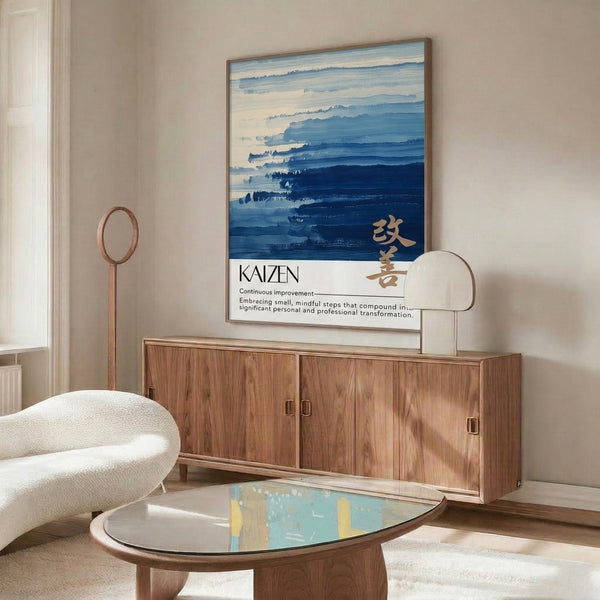 Aspiring modern art print with peaceful mountain vista in soft blues and gold, minimalist design for mindful home decor.