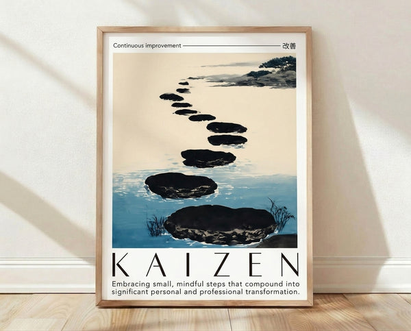 Minimalist watercolor poster depicting stepping stones across teal water with a solitary tree and charcoal rocks, rendered in soft cream and gray tones for a meditative, zen-inspired wall display.