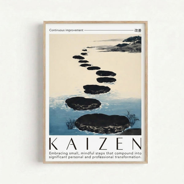 Japandi-style framed art print showing a serene coastal landscape with stepping stones, calm teal waters, and a lone tree in muted cream, gray, and charcoal watercolor.