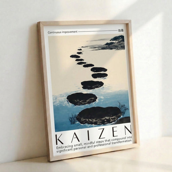 Wabi-sabi inspired watercolor poster featuring tranquil stepping stones leading across blue-teal water toward a minimalist landscape with soft neutral tones and meditative calm.