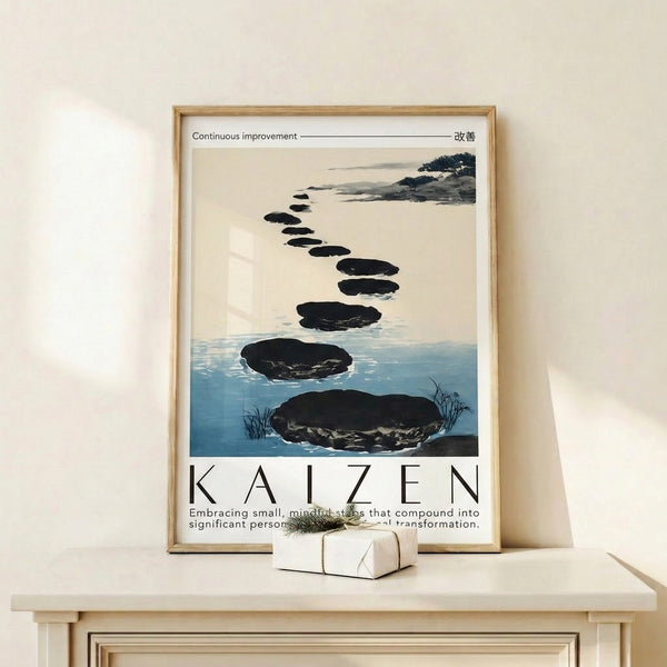 Modern minimalist wall art in watercolor showing stepping stones on a peaceful coastline with charcoal accents, teal water, and a solitary tree in cream and gray hues.
